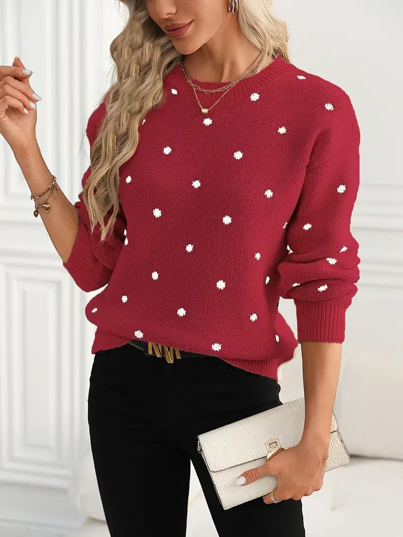 Fashion Polka Dot Print Pullover Sweater Casual Long-sleeved Knitted Tops Women's Clothing