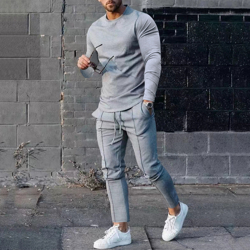 Men's Long-sleeved Suit Slim Crew Neck Pullover T-shirt And Pockets Drawstring Pencil Pants Casual Trousers Set Clothing