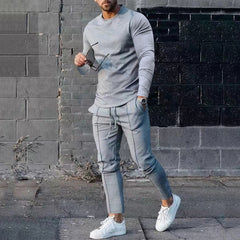 Men's Long-sleeved Suit Slim Crew Neck Pullover T-shirt And Pockets Drawstring Pencil Pants Casual Trousers Set Clothing