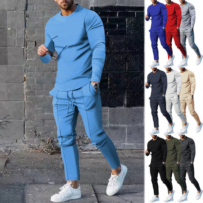 Men's Long-sleeved Suit Slim Crew Neck Pullover T-shirt And Pockets Drawstring Pencil Pants Casual Trousers Set Clothing
