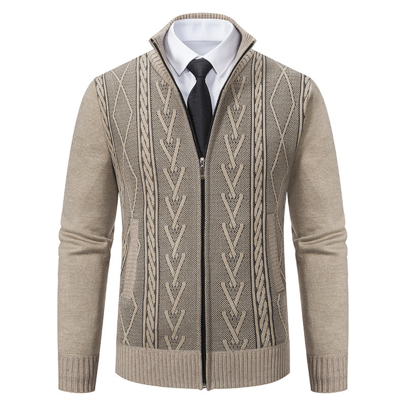 Casual Stand-up Collar Sweater Fashion Jacquard Zip-up Knitted Cardigan Tops Men's Clothing