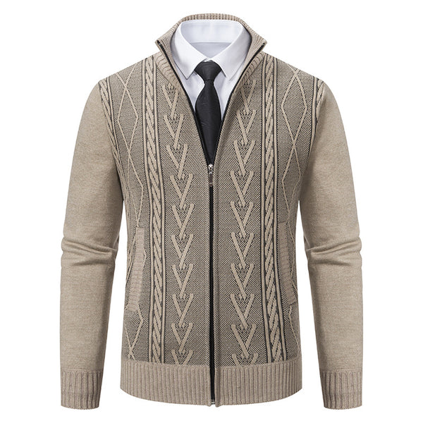 Casual Stand-up Collar Sweater Fashion Jacquard Zip-up Knitted Cardigan Tops Men's Clothing