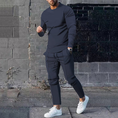 Men's Long-sleeved Suit Slim Crew Neck Pullover T-shirt And Pockets Drawstring Pencil Pants Casual Trousers Set Clothing