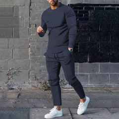 Men's Long-sleeved Suit Slim Crew Neck Pullover T-shirt And Pockets Drawstring Pencil Pants Casual Trousers Set Clothing
