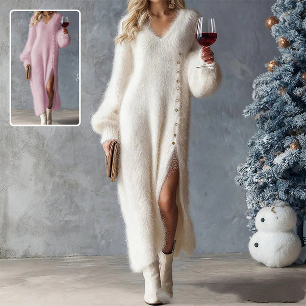 Chic Split Knitted Dress With Buttons Design Winter V-Neck Fleece Maxi Dresses Evening Party Club Fashion Women's Clothing