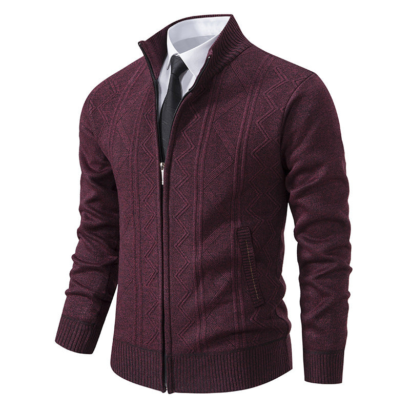 Casual Stand-up Collar Sweater Fashion Jacquard Zip-up Knitted Cardigan Tops Men's Clothing