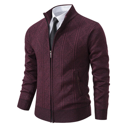 Casual Stand-up Collar Sweater Fashion Jacquard Zip-up Knitted Cardigan Tops Men's Clothing