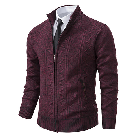 Casual Stand-up Collar Sweater Fashion Jacquard Zip-up Knitted Cardigan Tops Men's Clothing
