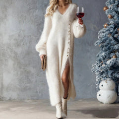 Chic Split Knitted Dress With Buttons Design Winter V-Neck Fleece Maxi Dresses Evening Party Club Fashion Women's Clothing