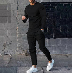 Men's Long-sleeved Suit Slim Crew Neck Pullover T-shirt And Pockets Drawstring Pencil Pants Casual Trousers Set Clothing