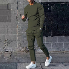 Men's Long-sleeved Suit Slim Crew Neck Pullover T-shirt And Pockets Drawstring Pencil Pants Casual Trousers Set Clothing