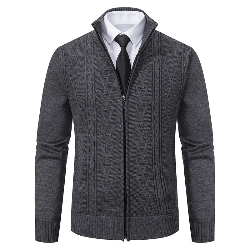 Casual Stand-up Collar Sweater Fashion Jacquard Zip-up Knitted Cardigan Tops Men's Clothing