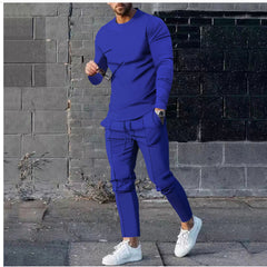 Men's Long-sleeved Suit Slim Crew Neck Pullover T-shirt And Pockets Drawstring Pencil Pants Casual Trousers Set Clothing