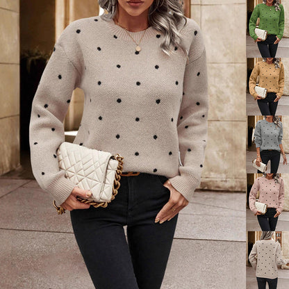 Fashion Polka Dot Print Pullover Sweater Casual Long-sleeved Knitted Tops Women's Clothing