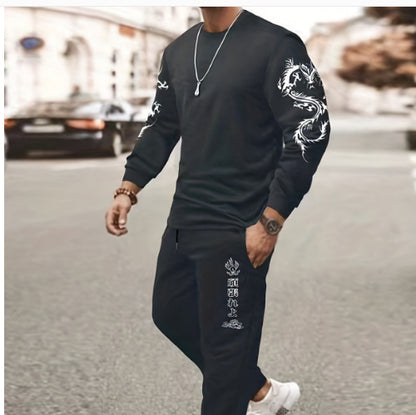 Men's Long-sleeved Suit Slim Crew Neck Pullover T-shirt And Pockets Drawstring Pencil Pants Casual Trousers Set Clothing