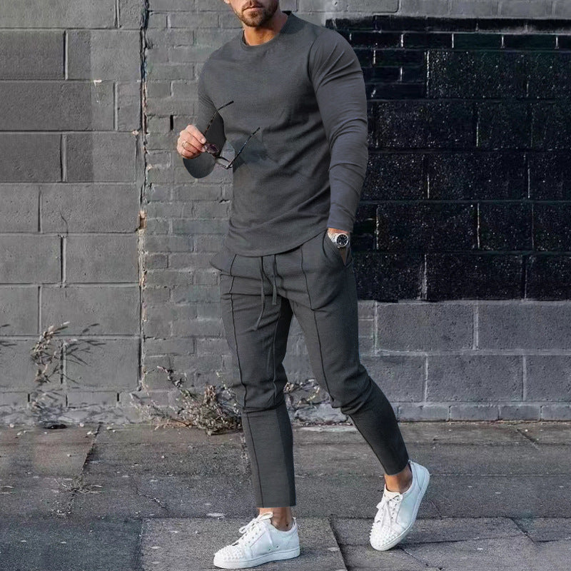 Men's Long-sleeved Suit Slim Crew Neck Pullover T-shirt And Pockets Drawstring Pencil Pants Casual Trousers Set Clothing