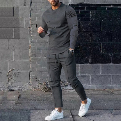Men's Long-sleeved Suit Slim Crew Neck Pullover T-shirt And Pockets Drawstring Pencil Pants Casual Trousers Set Clothing