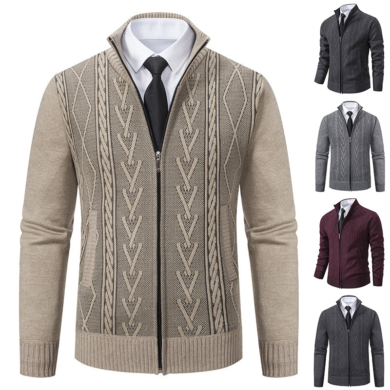 Casual Stand-up Collar Sweater Fashion Jacquard Zip-up Knitted Cardigan Tops Men's Clothing