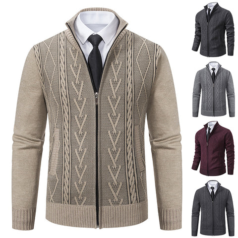 Casual Stand-up Collar Sweater Fashion Jacquard Zip-up Knitted Cardigan Tops Men's Clothing