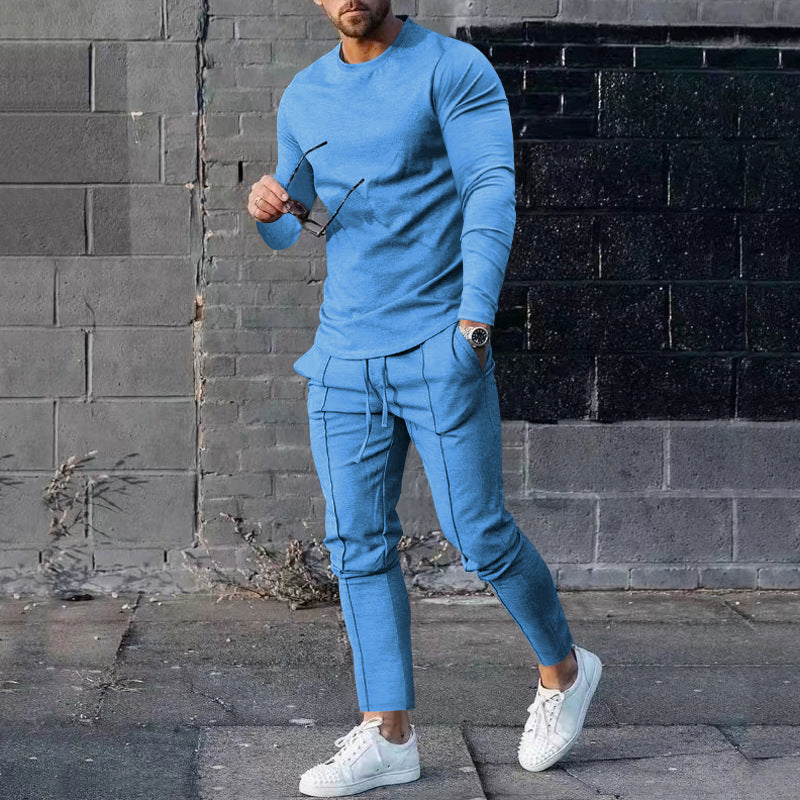 Men's Long-sleeved Suit Slim Crew Neck Pullover T-shirt And Pockets Drawstring Pencil Pants Casual Trousers Set Clothing