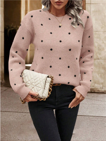 Fashion Polka Dot Print Pullover Sweater Casual Long-sleeved Knitted Tops Women's Clothing