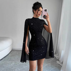 Women's Sexy Elegant Evening Party Dresses Round Neck Pit Stripe Pearl Chiffon Cape Sleeve Wrapped Hip Dress