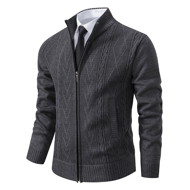 Casual Stand-up Collar Sweater Fashion Jacquard Zip-up Knitted Cardigan Tops Men's Clothing