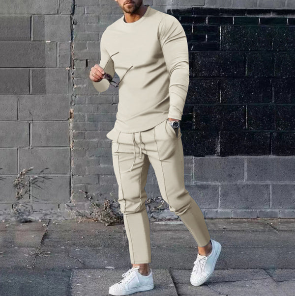 Men's Long-sleeved Suit Slim Crew Neck Pullover T-shirt And Pockets Drawstring Pencil Pants Casual Trousers Set Clothing