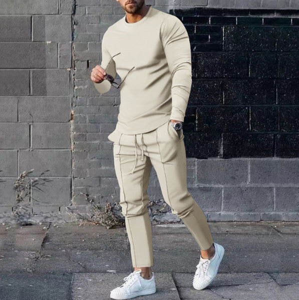 Men's Long-sleeved Suit Slim Crew Neck Pullover T-shirt And Pockets Drawstring Pencil Pants Casual Trousers Set Clothing