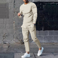 Men's Long-sleeved Suit Slim Crew Neck Pullover T-shirt And Pockets Drawstring Pencil Pants Casual Trousers Set Clothing